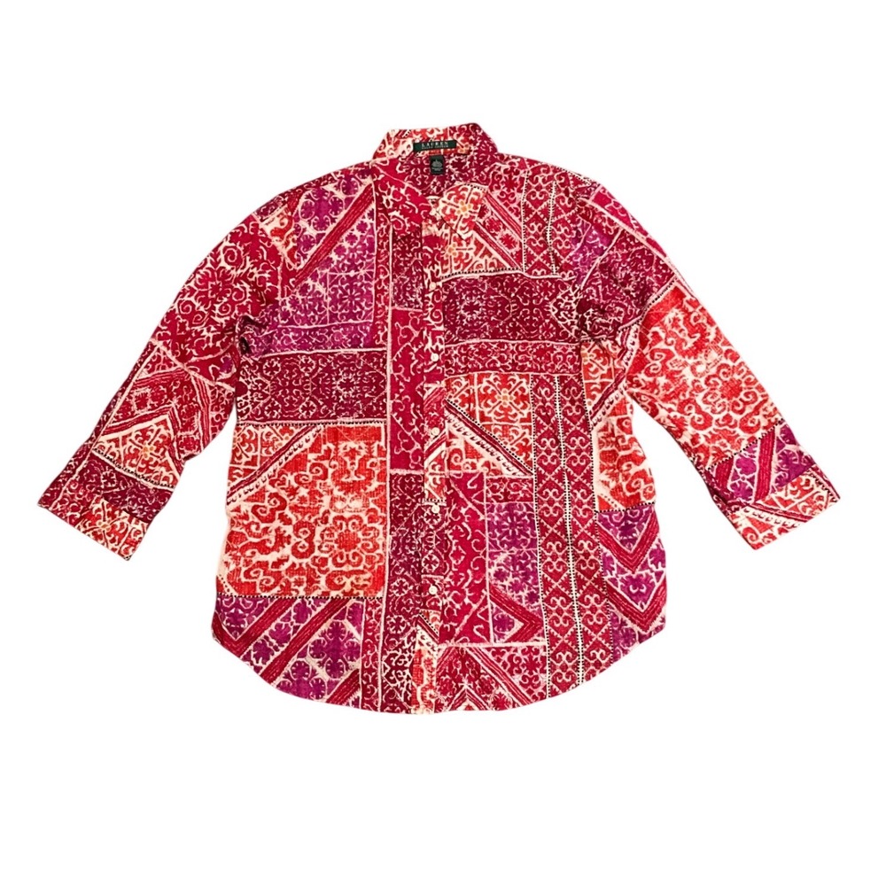 Lauren Ralph Lauren Patchwork Cotton Shirt Red Paisley Long Sleeve Size L